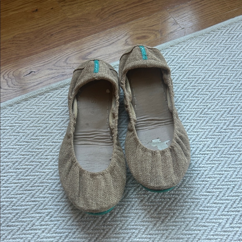 Tieks Brown Canvas Ballet Flats with Teal Accents